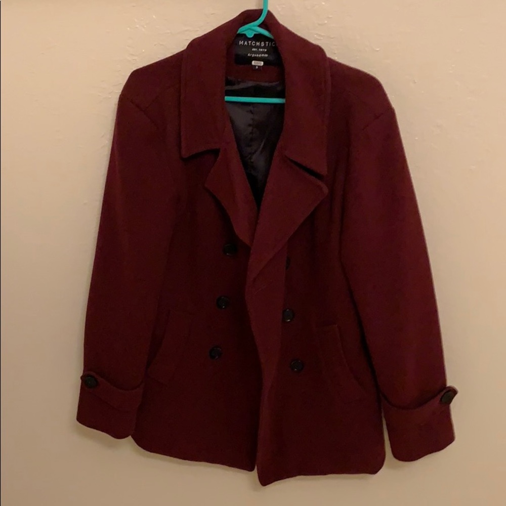 Dark red pea coat in pristine condition.